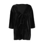 Black Knitted Velvet Pajama Cardigan With Three-quarter Sleeves And Shorts Womens Loungewear - Image 5