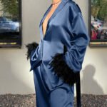 Satin Pajamas Long Sleeve Feather Cardigan Two-piece Set - Image 3