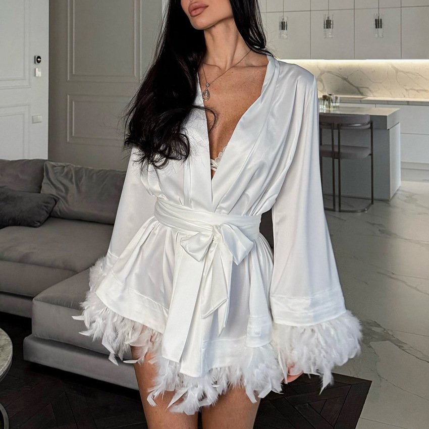 8588f8c4-a37f-469a-a612-e43a6443cf6f.jpg Feather-print Long-sleeve Nightgown Luxurious Sleepwear Womens Loungewear - Image 1