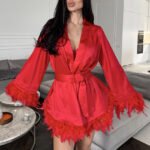Feather-print Long-sleeve Nightgown Luxurious Sleepwear Womens Loungewear - Image 4