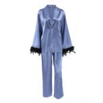 Satin Pajamas Long Sleeve Feather Cardigan Two-piece Set - Image 5