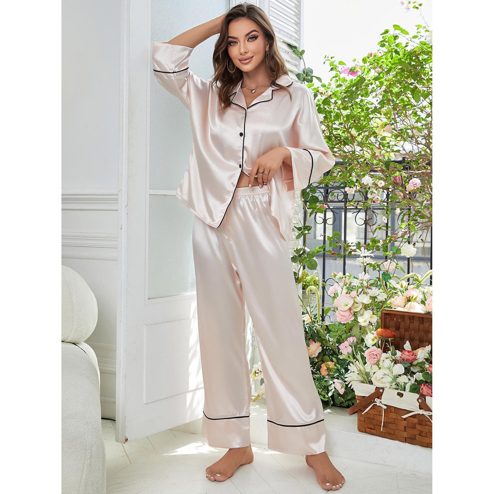 9b0ddc3b-b64f-415e-bc1f-6b7a508136bd.jpg Long Sleeve Pajama Set Button Up Shirt And Pants Lounge Sets Sleepwear - Image 1