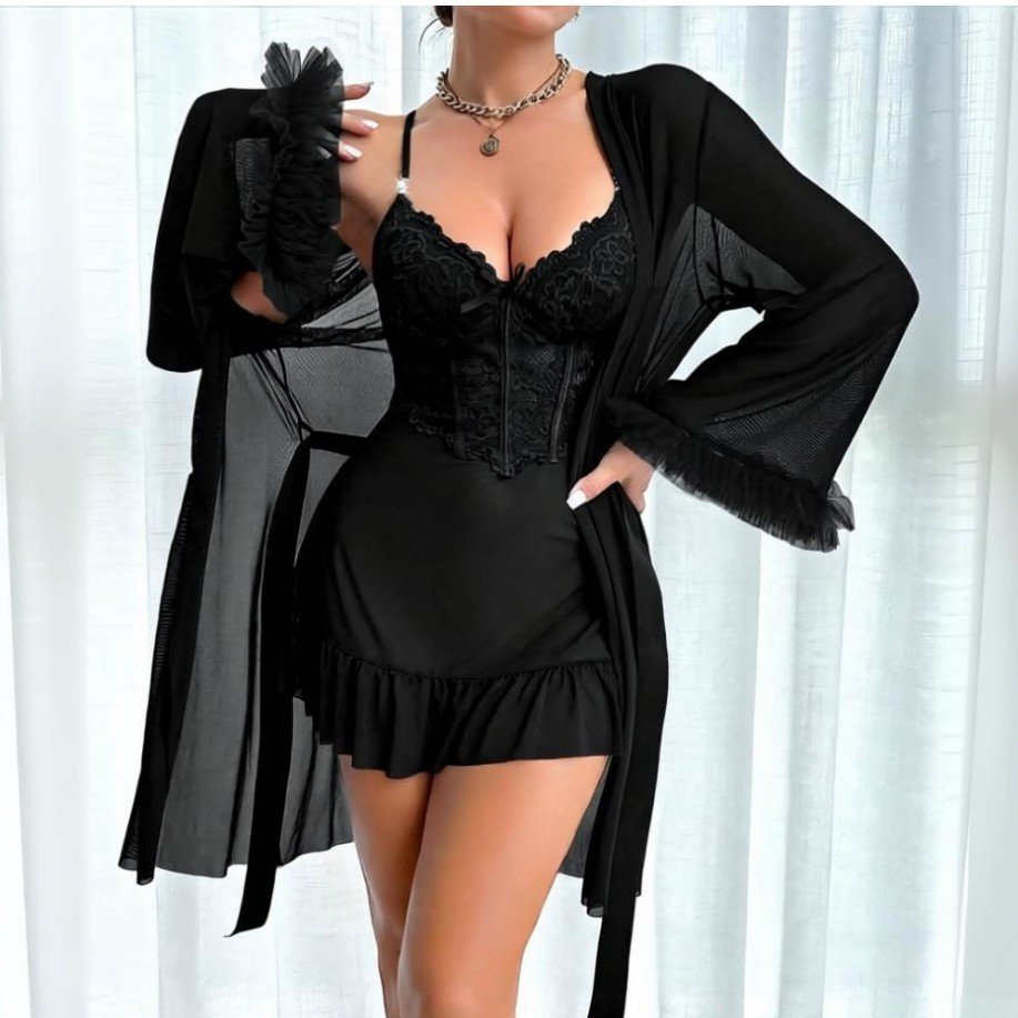 9f7de5b7-d25b-4b86-b484-2f94429cfbc9.jpg Women Sexy Lace Sleepwear Set, Sheer Mesh Kimono Robe Lace Slip Nightdress, 3Piece Lingerie Pajama Set Plus Size For Nightwear - Image 1