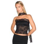 Sheer Lace Scarf Bustier Top - Women's Mesh Corset Style T-Shirt with Neck Tie Detail - Image 5