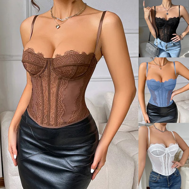 c1c5f6e9-7733-4820-8c58-cd5544553991.jpg Women Tanks Lace Spaghetti Strap Top Summer Sleeveless Tops Open Back Bone Corset Bustier Sexy Slim Lingerie Bodyshaper Camisole - Image 1