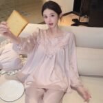 Back-Openwork Lace-Patched Pajama Set Womens Rayon Loungewear Suit - Image 2